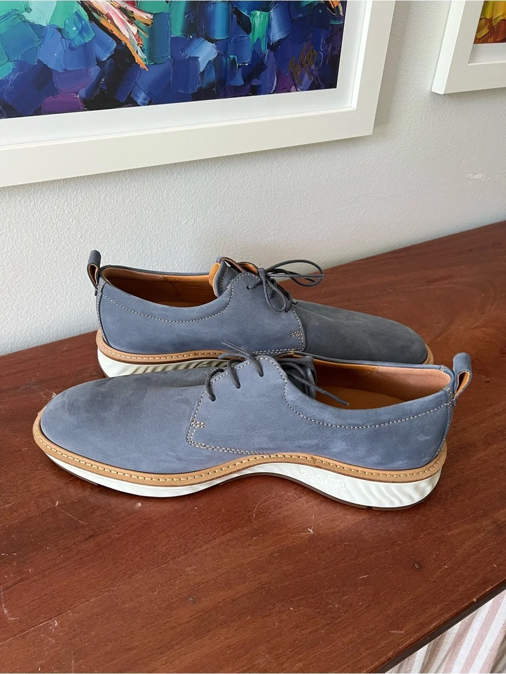 Ecco Men's Blue Suede Derby Shoes with Tan Sole Trim